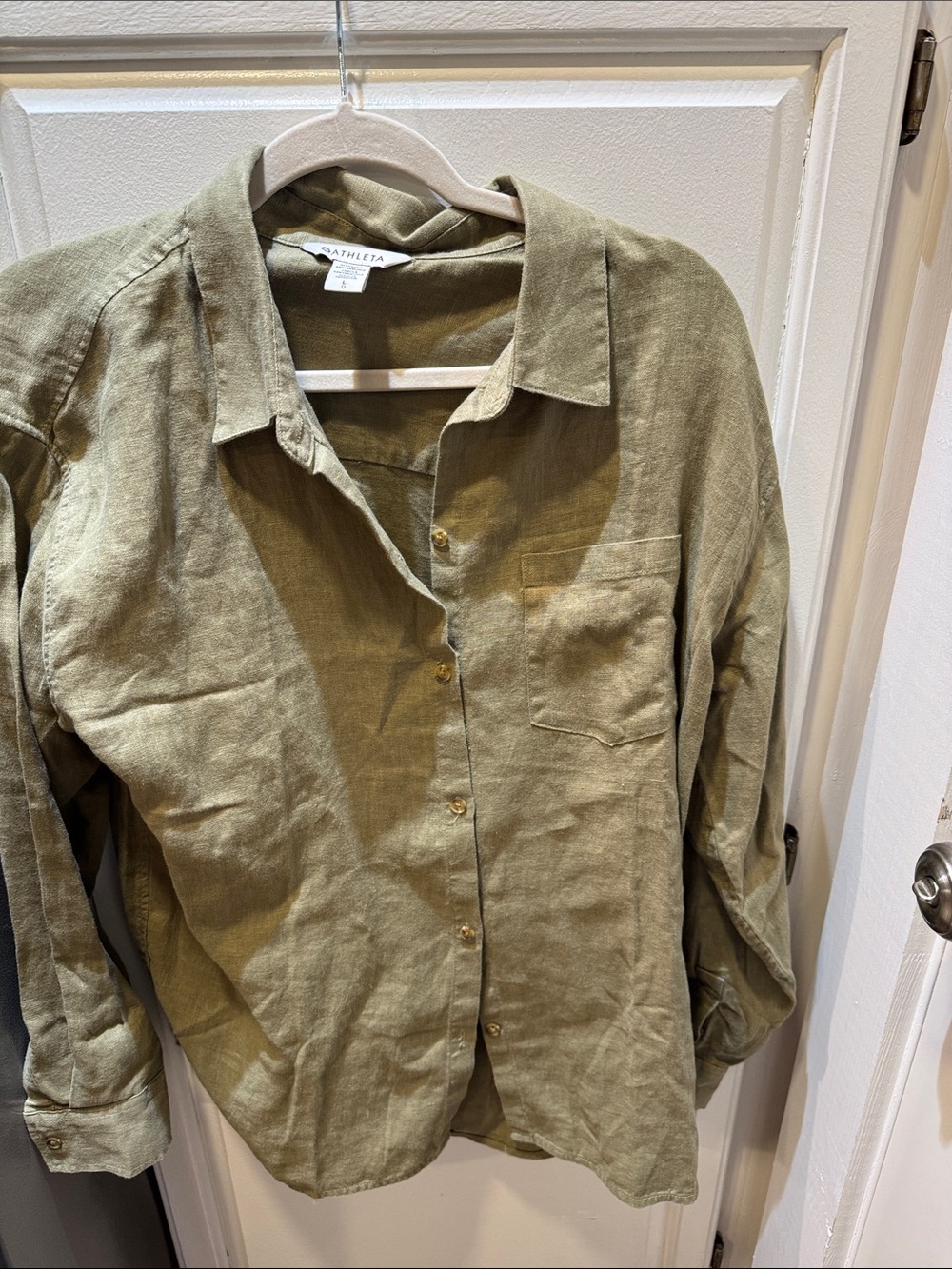 Athleta Olive Button-Down Linen Shirt